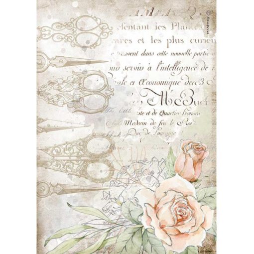 "Romantic threads scissors and roses" - Papel de arroz A4 - Stamperia